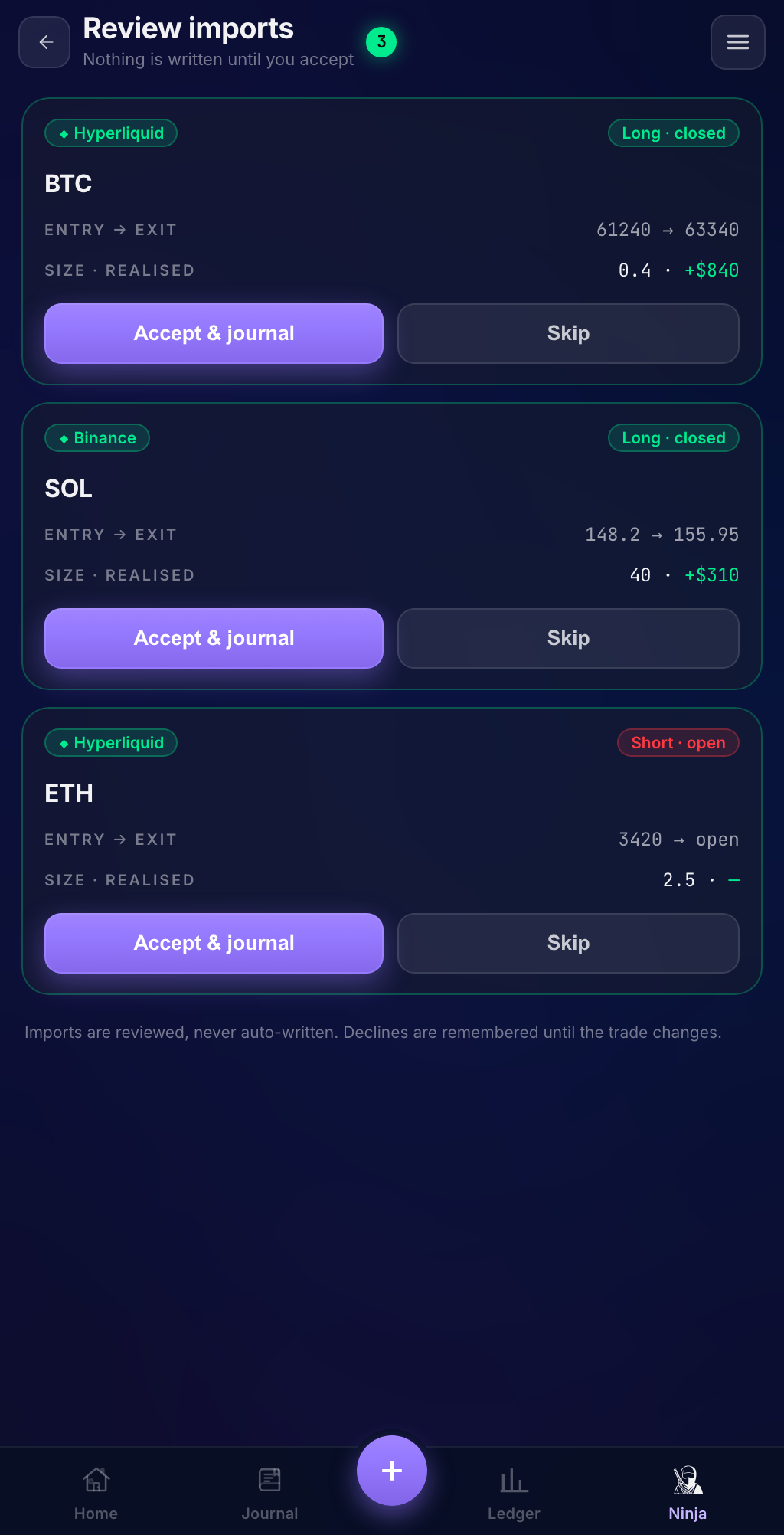 The TradeCowboy mobile app's Review imports screen — synced trades from Hyperliquid and Binance waiting for one-tap approval into the journal
